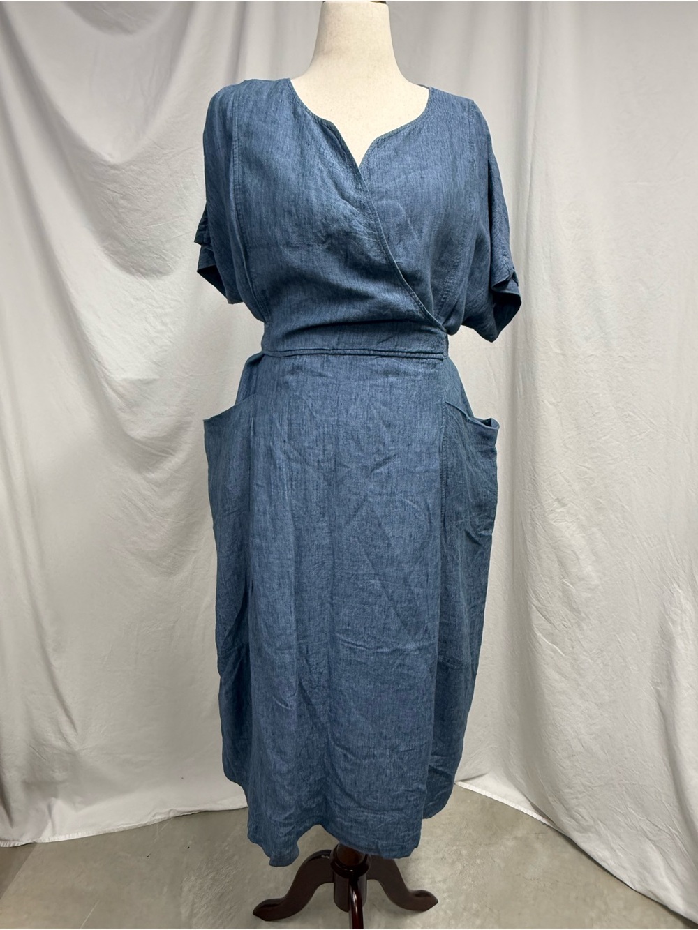 Chambray Look 100% Linen Wrap Midi Dress with Utility Pockets in Blue